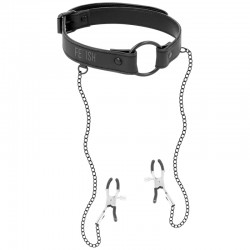 FETISH SUBMISSIVE ANILLA MORDAZA CON PINZAS PARA PEZONES