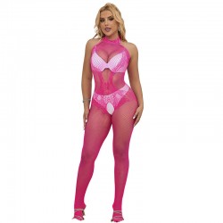 SUBBLIME 952389 BODYSTOCKING CROTCHLESS DE REJILLA Y ENCAJE CON CUELLO ALTO ROSA TALLA aNICA
