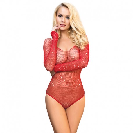 SUBBLIME 952303 BODYSTOCKING DE REJILLA BRILLANTE CON HOMBROS DESCUBIERTOS MANGA LARGA ROJO TALLA aNICA