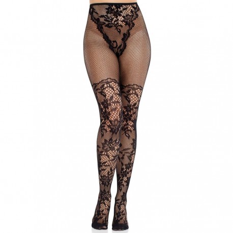 LEG AVENUE MEDIAS DE ENCAJE DAHLIA CON DETALLE DE RED NEGRO