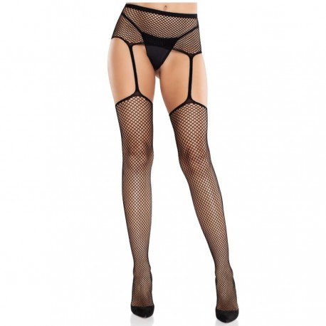 LEG AVENUE MEDIAS DE ENCAJE CON CRUZ Y PORTALIGAS NEGRO