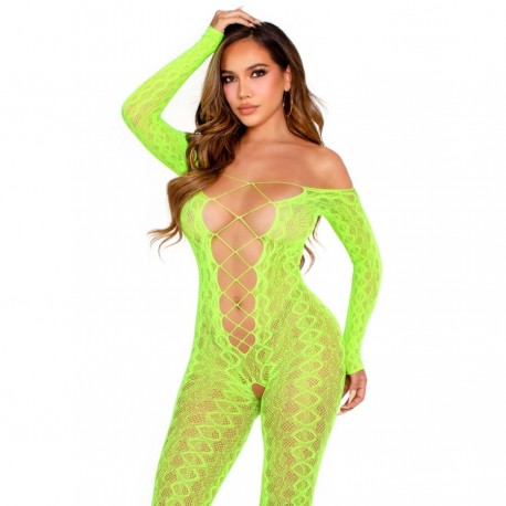 LEG AVENUE BODYSTOCKING SIN ENTREPIERNA DE ENCAJE DE SERPIENTE EXaTICA VERDE NEaN