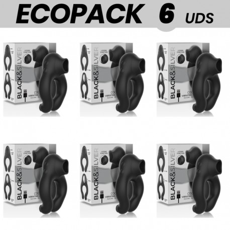 ECOPACK 6 UDS BLACKSILVER ANILLO VIBRADOR SILICONA 3 MOTORES RECARGABLE NEGRO