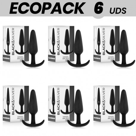 ECOPACK 6 UDS BLACKSILVER HANSEL PLUG ANAL SILICONA CON ASA PEQUEaO
