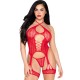 LEG AVENUE 89338 SET BODY ABIERTO CON LIGUERO TANGA DE ENCAJE ROJO TALLA aNICA